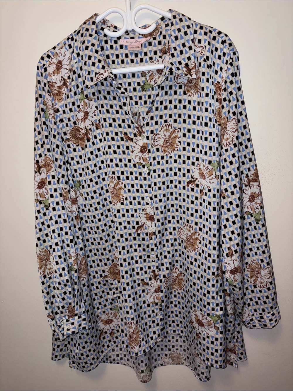 Penningtons Blue Checkered and Brown Floral Tunic Blouse